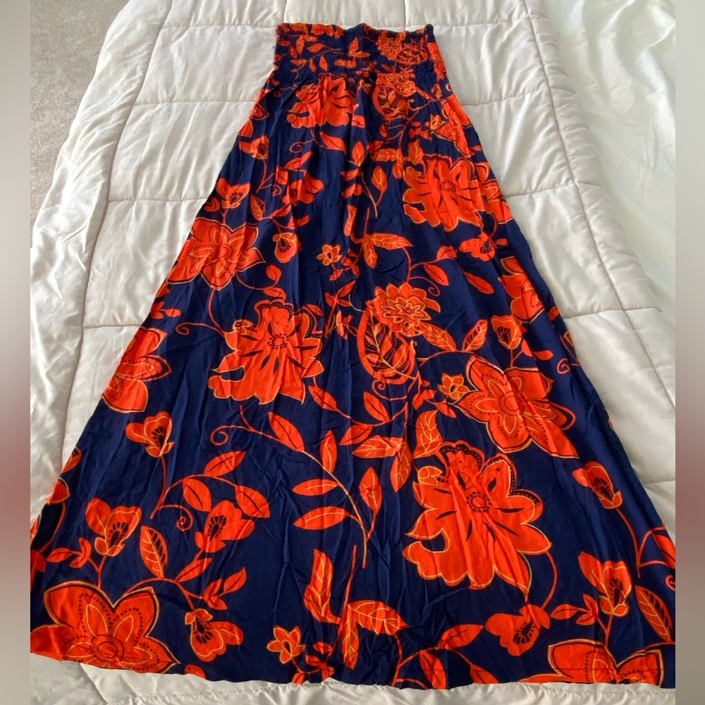 Navy tube top dress with orange flowers
